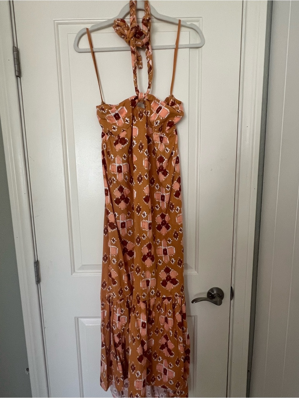 Braided halter geometric Tiered Maxi Dress in Burnt orange, red and pink - Picture 3 of 7
